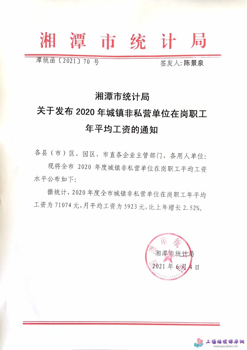 湘潭市統(tǒng)計(jì)局 關(guān)于發(fā)布2020年城鎮(zhèn)非私營(yíng)單位在崗職工 年平均工資的通知 湘潭市統(tǒng)計(jì)局 關(guān)于發(fā)布2020年城鎮(zhèn)非私營(yíng)單位在崗職工 年平均工資的通知